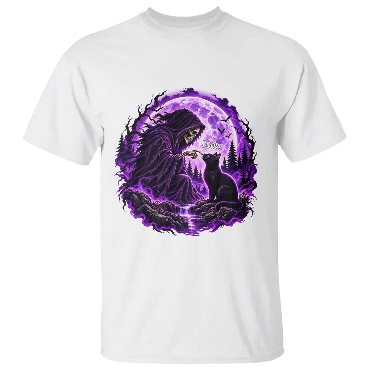 Grim Reaper Black Cat Halloween T Shirt Boop Under Full Moon Gothic Gift