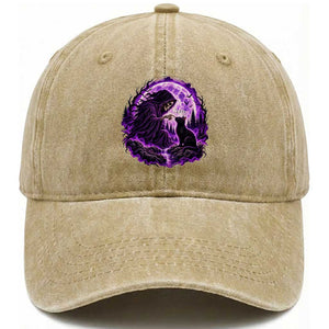 Grim Reaper Black Cat Halloween Washed Cotton Baseball Cap Boop Under Full Moon Gothic Gift