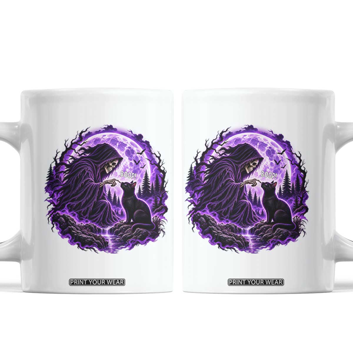 Grim Reaper Black Cat Halloween Coffee Mug Boop Under Full Moon Gothic Gift
