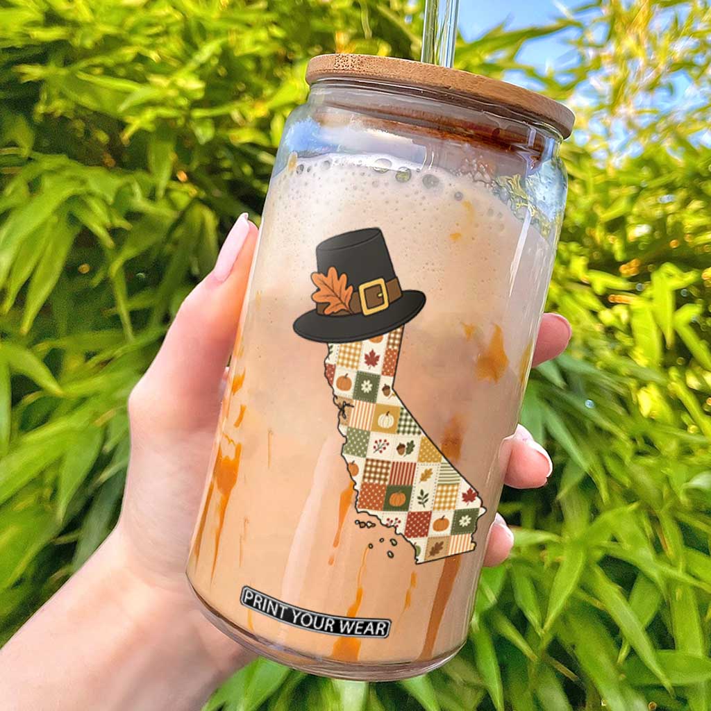 California Thanksgiving Pilgrim Hat Glass Can Autumn Harvest Vintage Gift