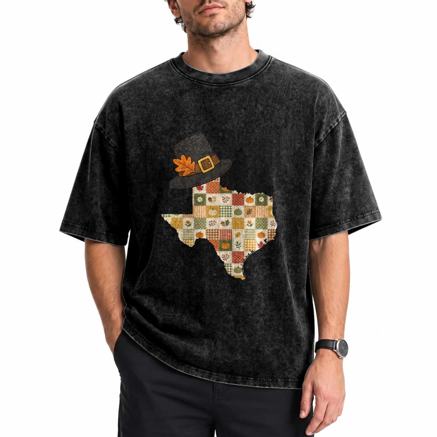 Texas Thanksgiving Pilgrim Hat Washed Cotton T-Shirt Autumn Harvest Vintage Gift