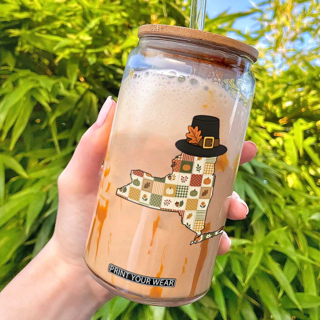New York Thanksgiving Pilgrim Hat Glass Can Autumn Harvest Vintage Gift