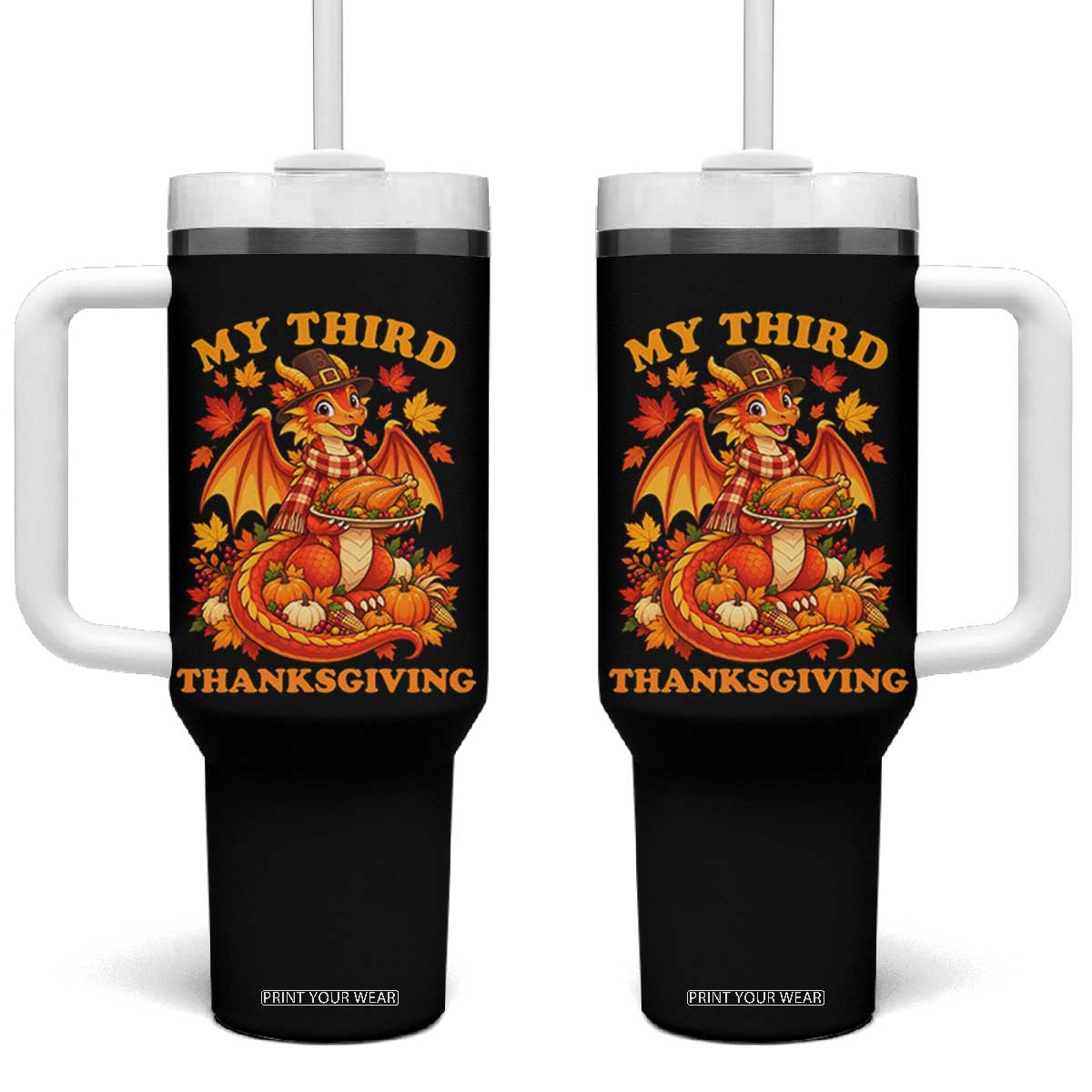 My 3rd Thanksgiving Cute Dragon Wearing A Pilgrim Hat Tumbler With Handle