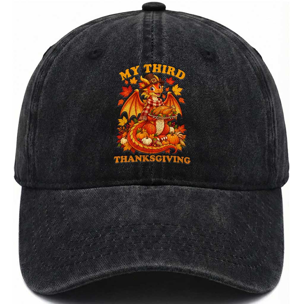 My 3rd Thanksgiving Cute Dragon Wearing A Pilgrim Hat Washed Cotton Baseball Cap