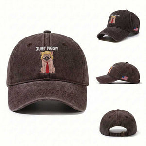 Quiet Quiet Piggy Washed Cotton Baseball Cap Funny Sarcastic Political Anti Authoritarian TS12 Washed Cap Universal Fit Dark Brown Print Your Wear