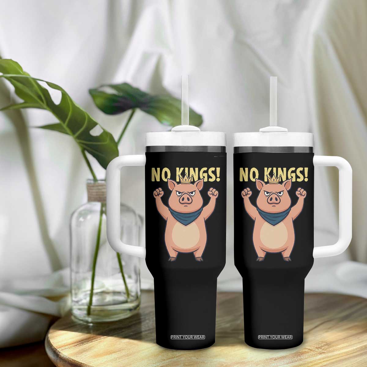 No Kings Pig Tumbler With Handle Resistance Movement Anti Authoritarian Gift TS12 Print Your Wear