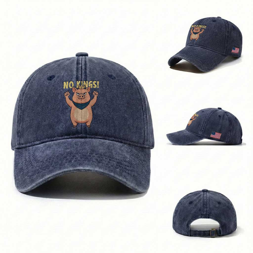No Kings Pig Washed Cotton Baseball Cap Resistance Movement Anti Authoritarian Gift TS12 Washed Cap Universal Fit Navy Print Your Wear