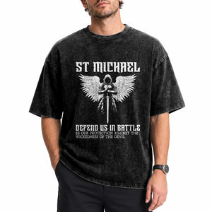 Saint Michael Defend Us In Battle Washed Cotton T-Shirt Christian Faith Gift