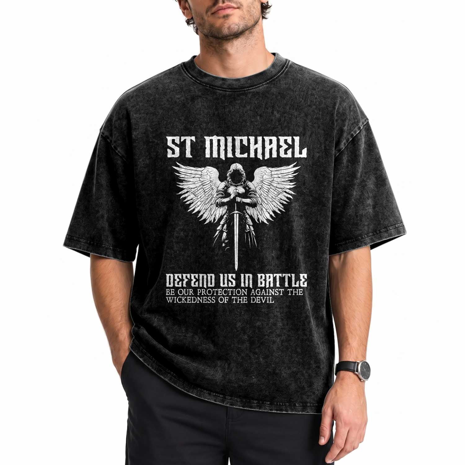 Saint Michael Defend Us In Battle Washed Cotton T-Shirt Christian Faith Gift