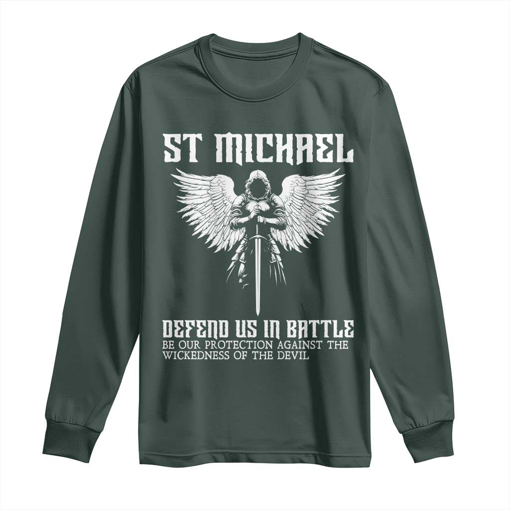 Saint Michael Defend Us In Battle Long Sleeve Shirt Christian Faith Gift TS12 Dark Forest Green Print Your Wear