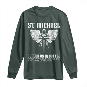 Saint Michael Defend Us In Battle Long Sleeve Shirt Christian Faith Gift TS12 Dark Forest Green Print Your Wear