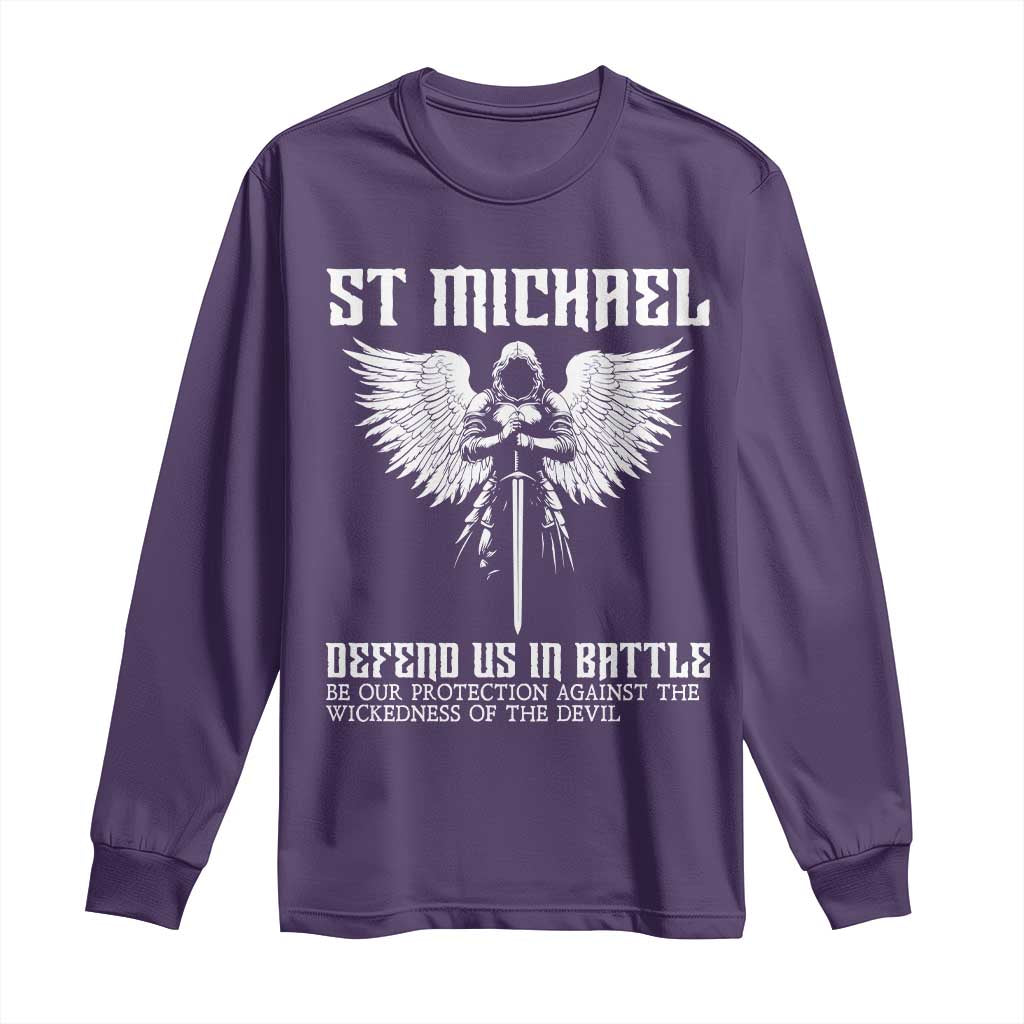 Saint Michael Defend Us In Battle Long Sleeve Shirt Christian Faith Gift TS12 Purple Print Your Wear