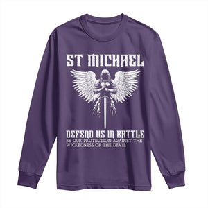 Saint Michael Defend Us In Battle Long Sleeve Shirt Christian Faith Gift TS12 Purple Print Your Wear