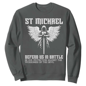 Saint Michael Defend Us In Battle Sweatshirt Christian Faith Gift TS12 Dark Heather Print Your Wear
