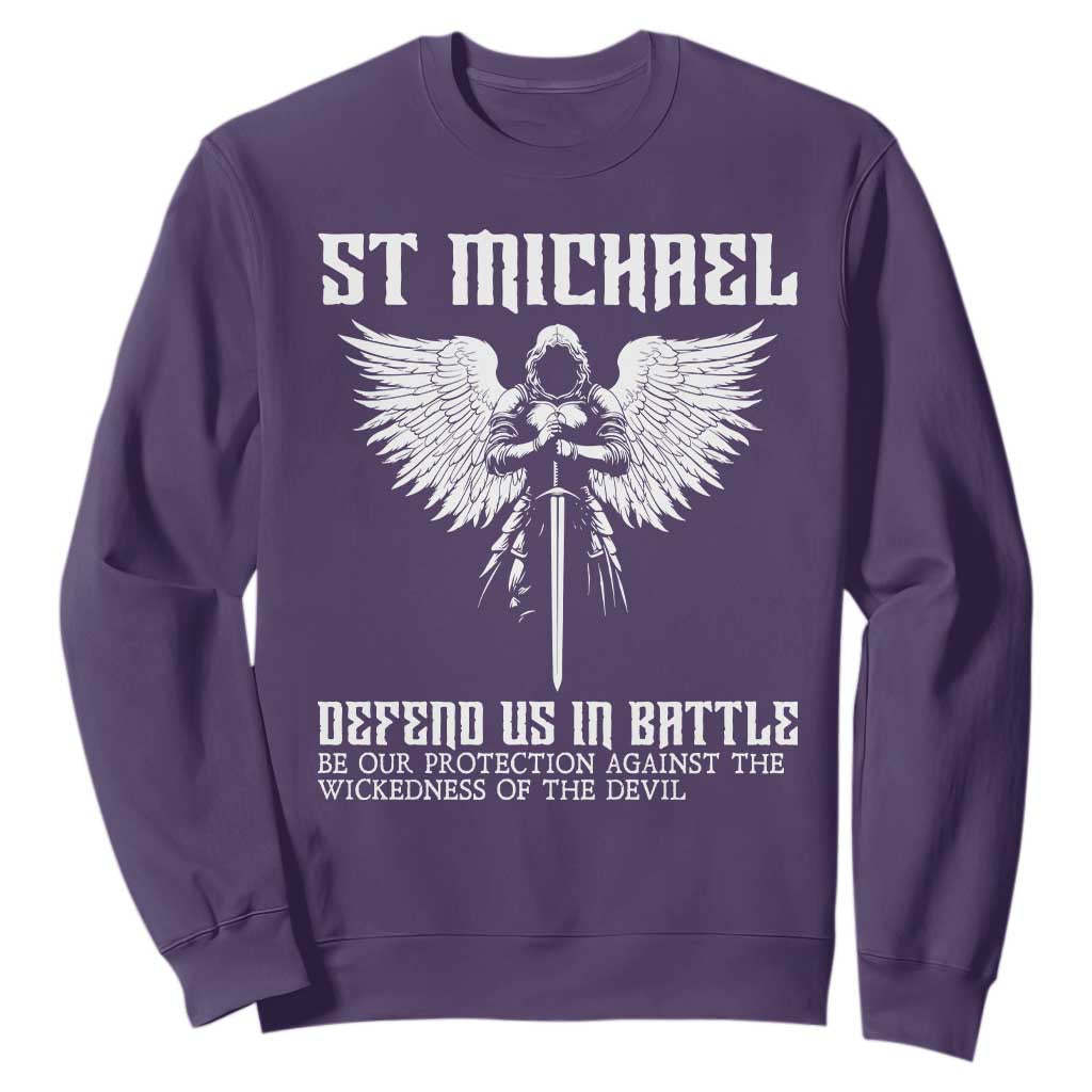 Saint Michael Defend Us In Battle Sweatshirt Christian Faith Gift TS12 Purple Print Your Wear