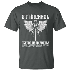 Saint Michael Defend Us In Battle T Shirt Christian Faith Gift TS12 Dark Heather Print Your Wear