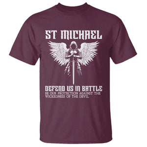 Saint Michael Defend Us In Battle T Shirt Christian Faith Gift TS12 Maroon Print Your Wear