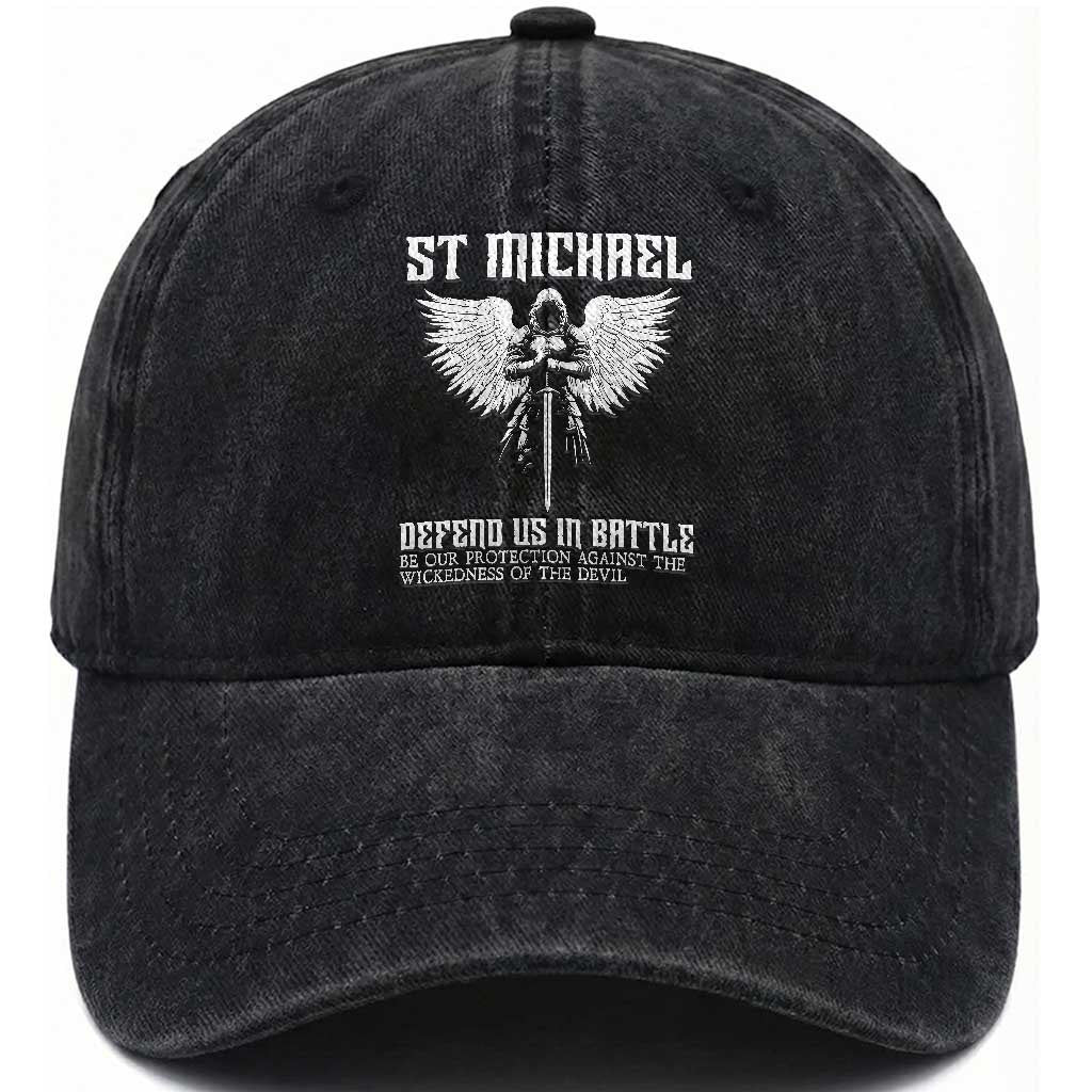 Saint Michael Defend Us In Battle Washed Cotton Baseball Cap Christian Faith Gift TS12 Print Your Wear