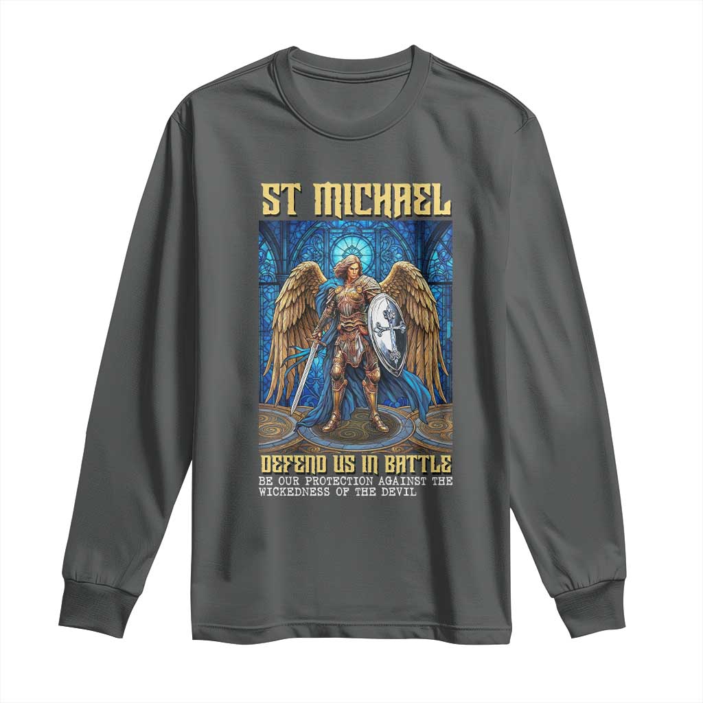 Saint Michael Prayer Defend Us In Battle Long Sleeve Shirt Religious Gift TS12 Dark Heather Print Your Wear