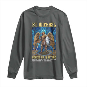 Saint Michael Prayer Defend Us In Battle Long Sleeve Shirt Religious Gift TS12 Dark Heather Print Your Wear
