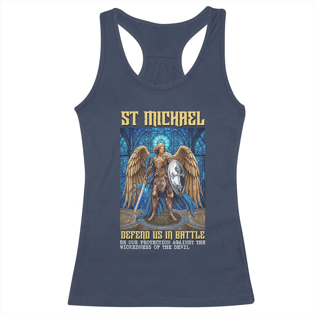 Saint Michael Prayer Defend Us In Battle Racerback Tank Top Religious Gift TS12 Navy Print Your Wear