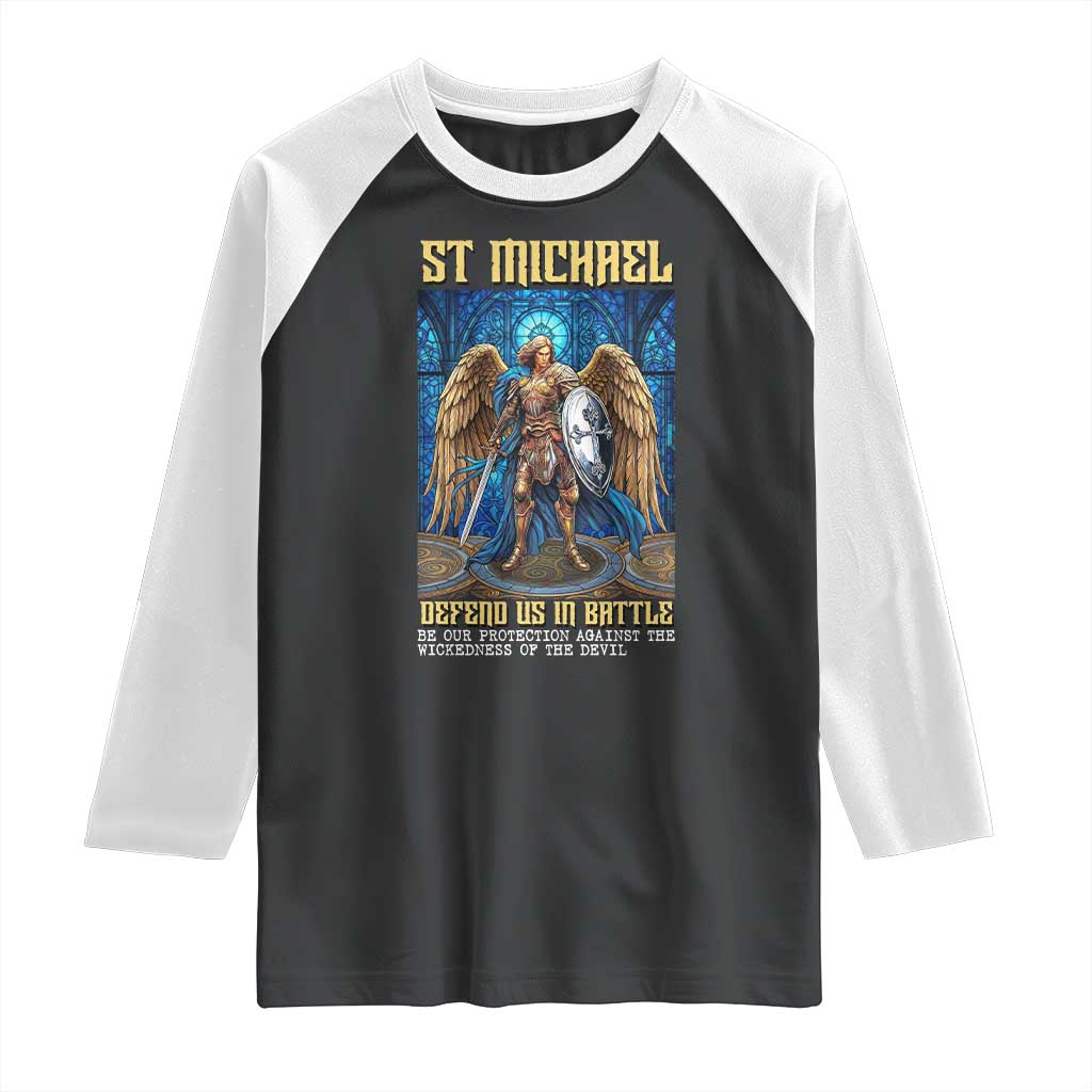 Saint Michael Prayer Defend Us In Battle Raglan Shirt Religious Gift TS12 Black White Print Your Wear