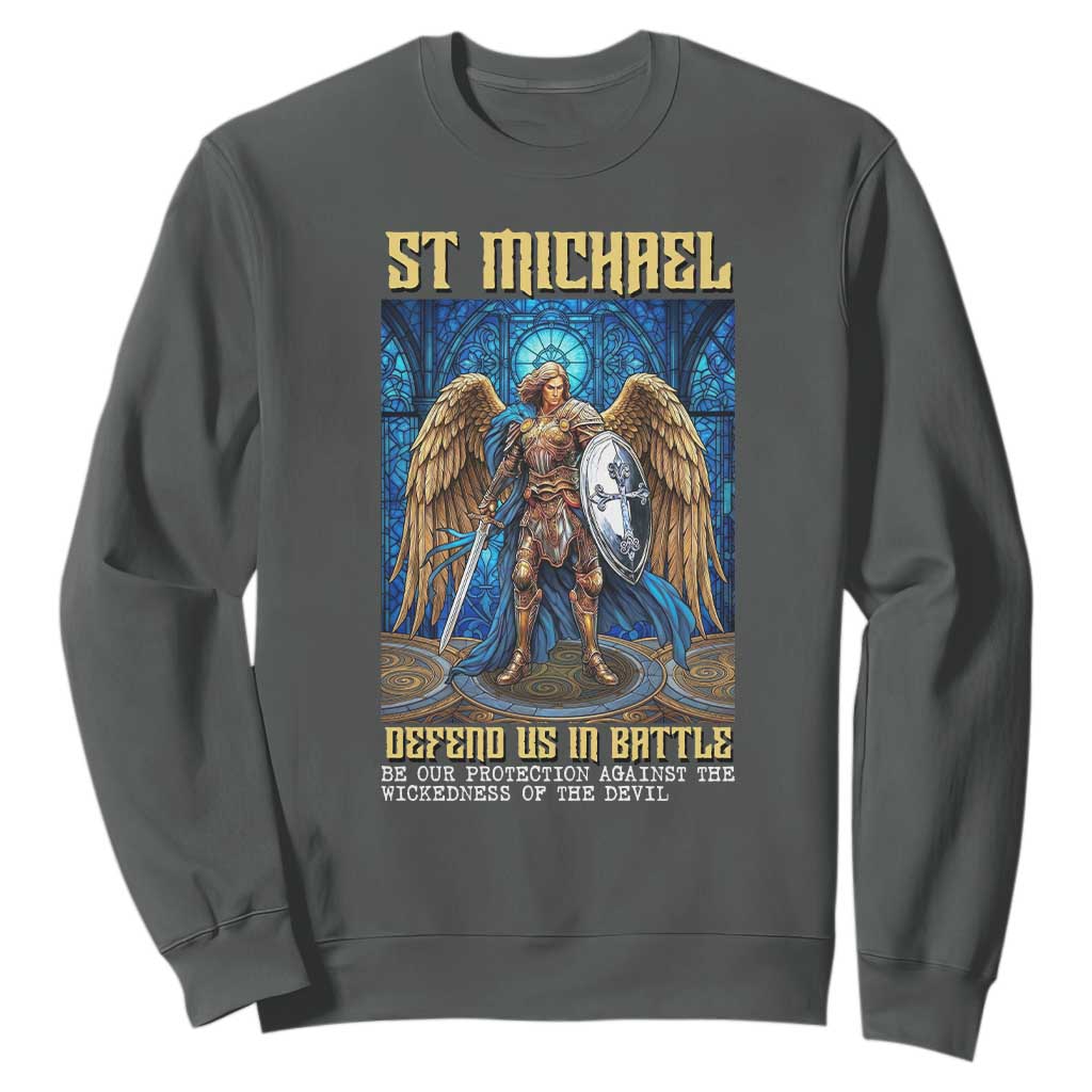 Saint Michael Prayer Defend Us In Battle Sweatshirt Religious Gift TS12 Dark Heather Print Your Wear