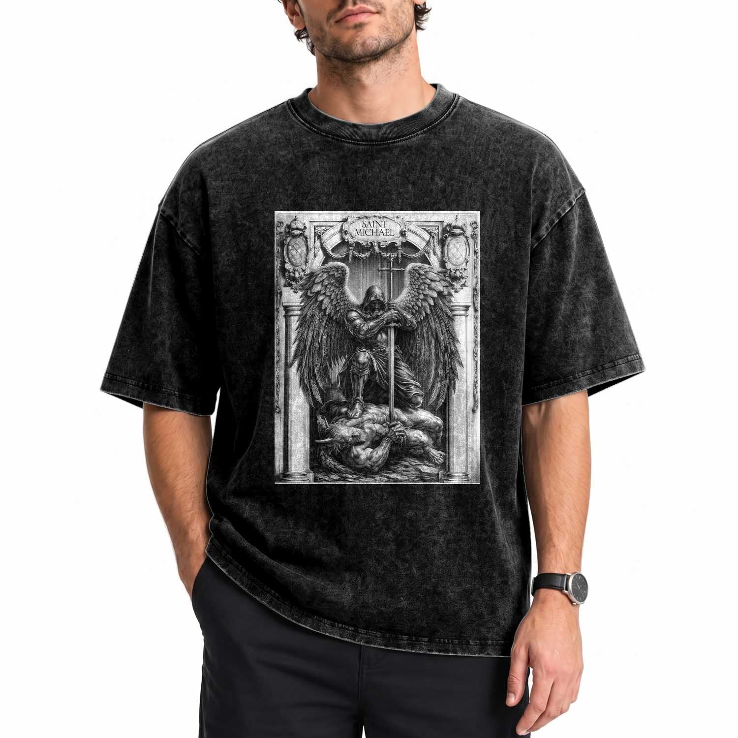 Saint Michael The Archangel Defeating Satan Washed Cotton T-Shirt Christian Faith Gift