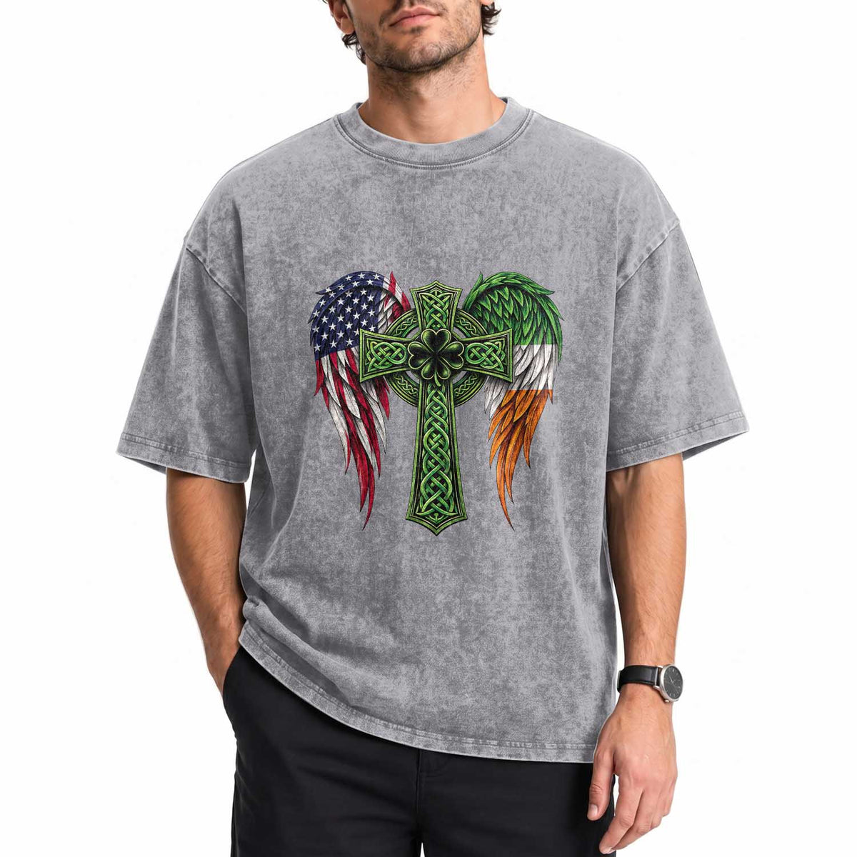USA Flag Celtic Cross Irish American Washed Cotton T-Shirt St Patricks Day Gift