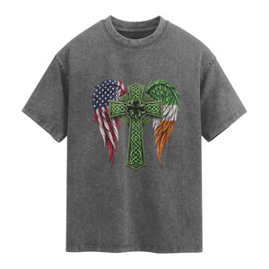 USA Flag Celtic Cross Irish American Washed Cotton T-Shirt St Patricks Day Gift