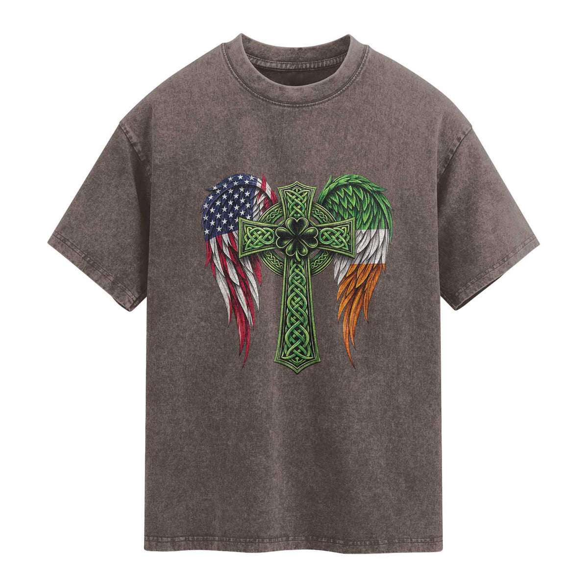 USA Flag Celtic Cross Irish American Washed Cotton T-Shirt St Patricks Day Gift
