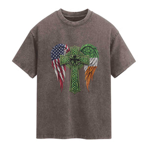 USA Flag Celtic Cross Irish American Washed Cotton T-Shirt St Patricks Day Gift