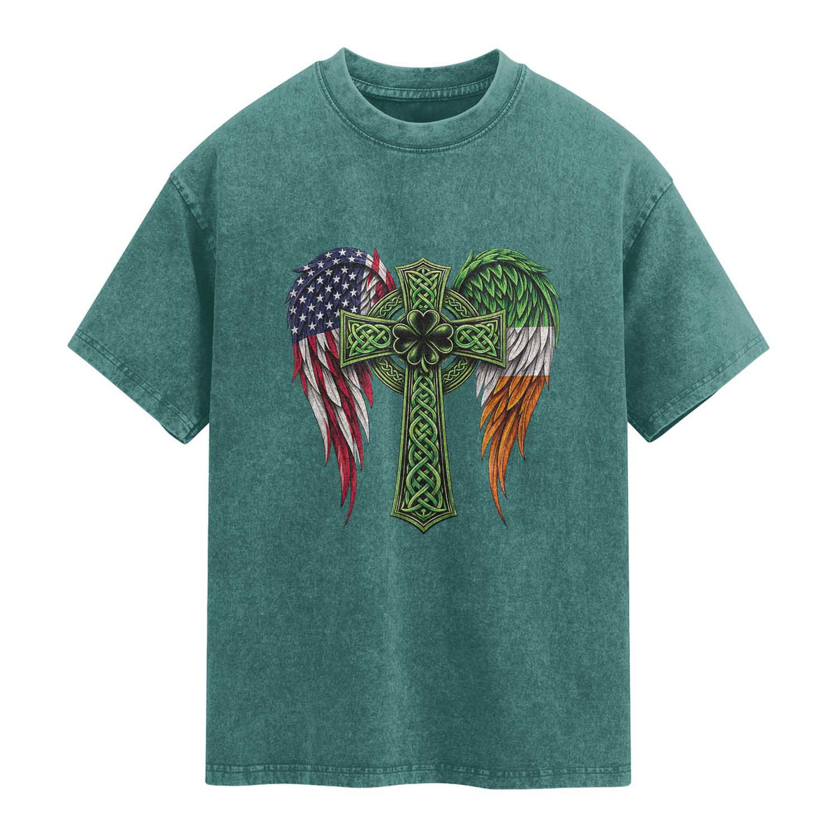 USA Flag Celtic Cross Irish American Washed Cotton T-Shirt St Patricks Day Gift