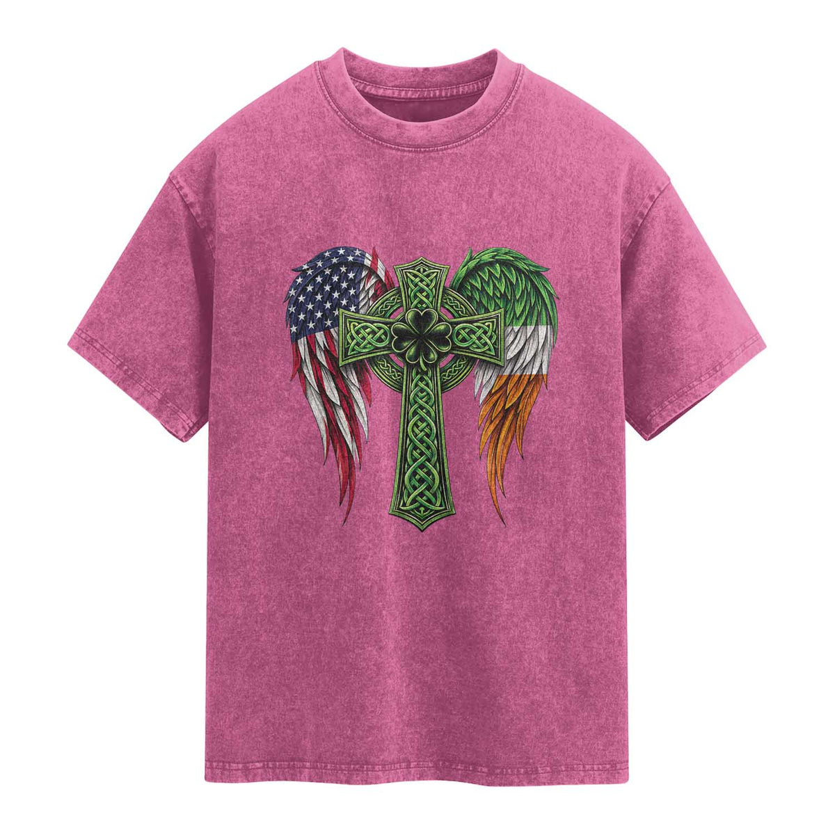 USA Flag Celtic Cross Irish American Washed Cotton T-Shirt St Patricks Day Gift