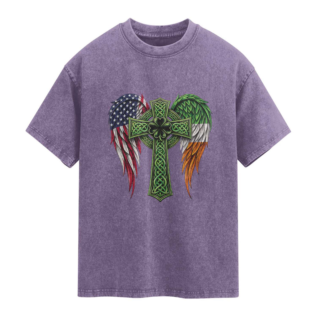 USA Flag Celtic Cross Irish American Washed Cotton T-Shirt St Patricks Day Gift