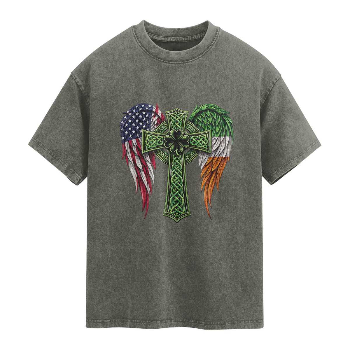 USA Flag Celtic Cross Irish American Washed Cotton T-Shirt St Patricks Day Gift