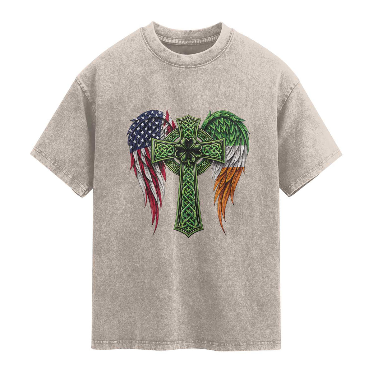 USA Flag Celtic Cross Irish American Washed Cotton T-Shirt St Patricks Day Gift