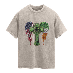 USA Flag Celtic Cross Irish American Washed Cotton T-Shirt St Patricks Day Gift