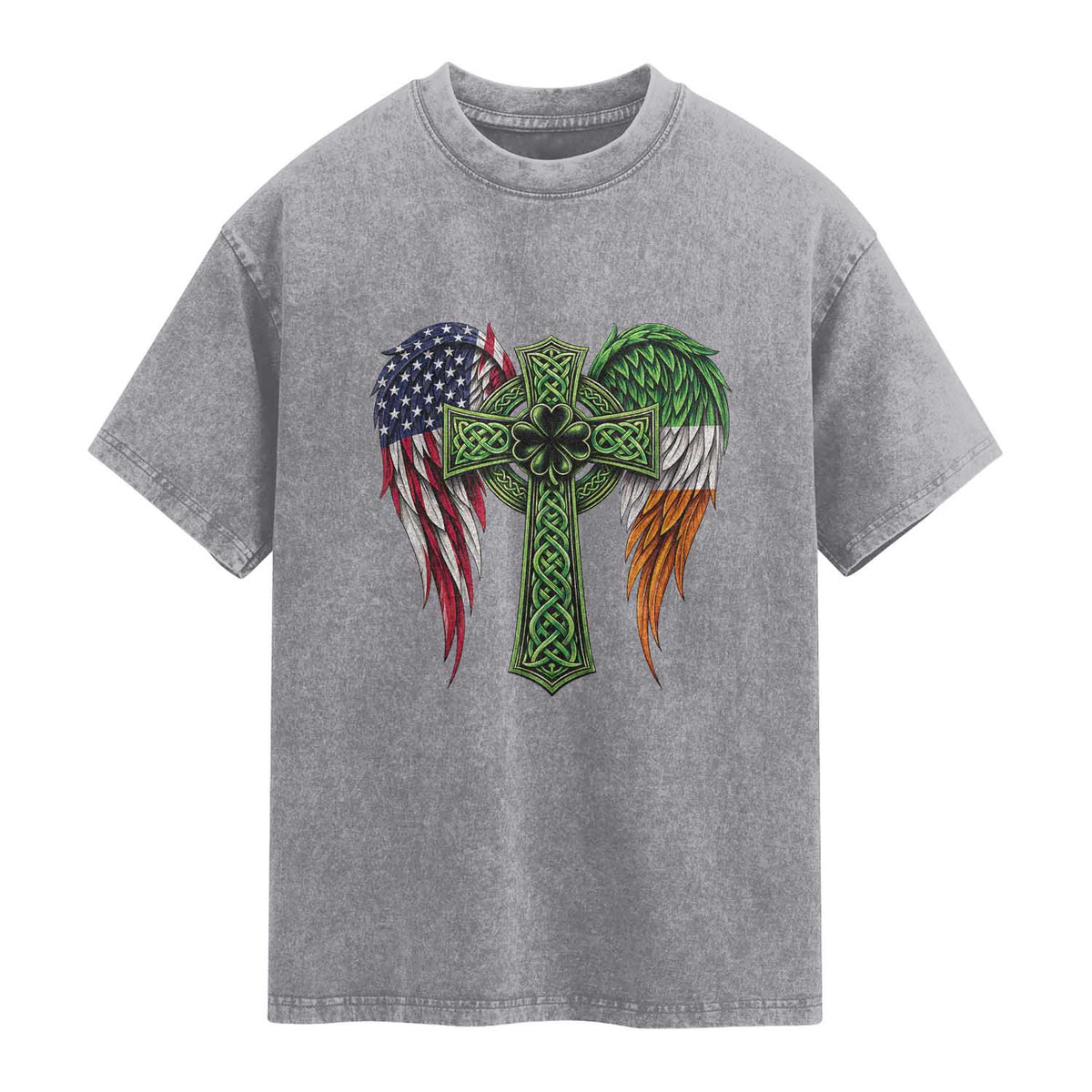USA Flag Celtic Cross Irish American Washed Cotton T-Shirt St Patricks Day Gift