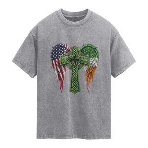 USA Flag Celtic Cross Irish American Washed Cotton T-Shirt St Patricks Day Gift