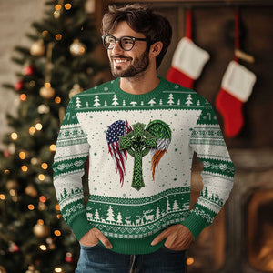 USA Flag Celtic Cross Irish American Ugly Christmas Sweater St Patricks Day Gift TS12 Beige Green Print Your Wear