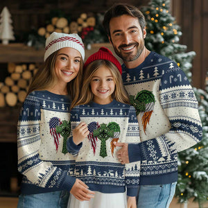 USA Flag Celtic Cross Irish American Ugly Christmas Sweater St Patricks Day Gift TS12 Beige Navy Print Your Wear