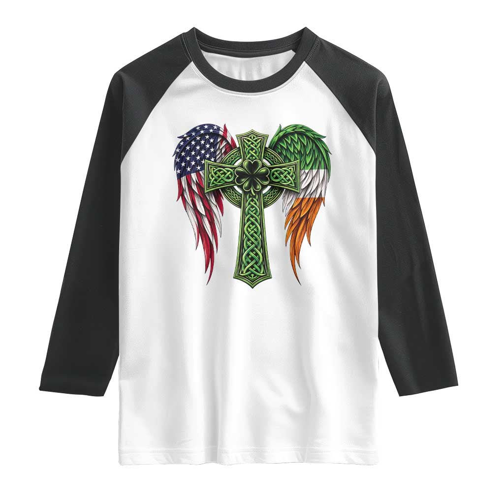 USA Flag Celtic Cross Irish American Raglan Shirt St Patricks Day Gift TS12 White Black Print Your Wear