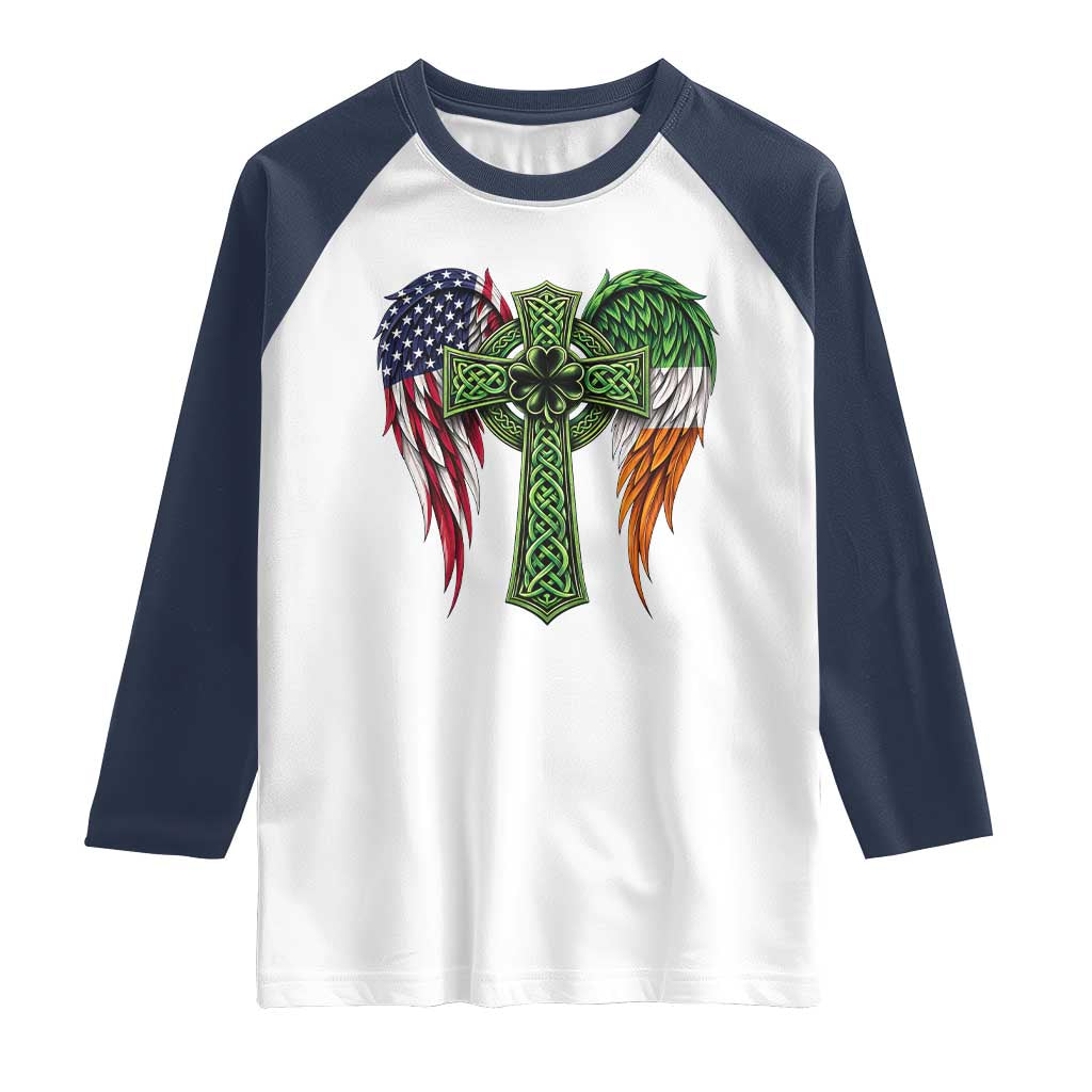 USA Flag Celtic Cross Irish American Raglan Shirt St Patricks Day Gift TS12 White Navy Print Your Wear