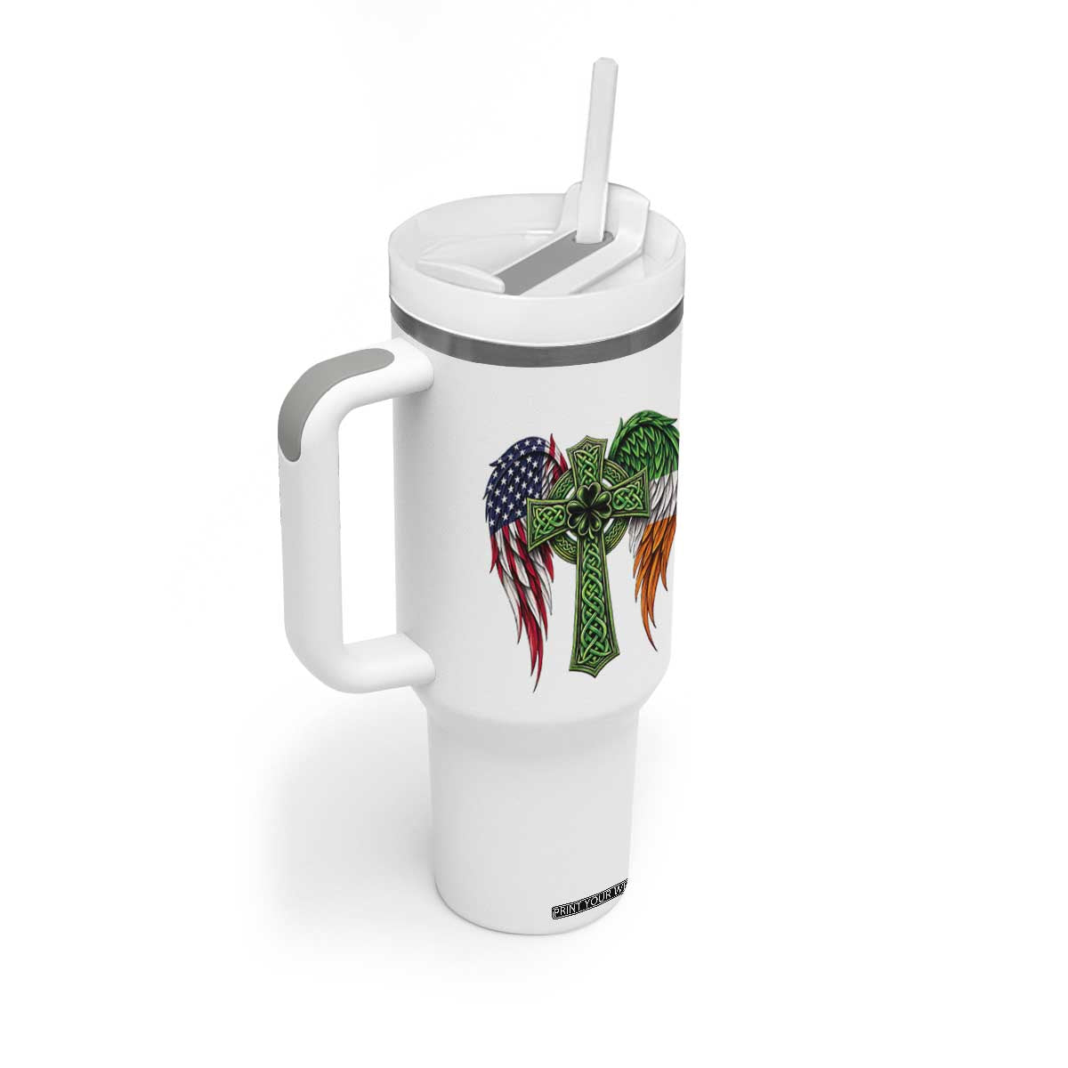 USA Flag Celtic Cross Irish American Tumbler With Handle St Patricks Day Gift TS12 Print Your Wear
