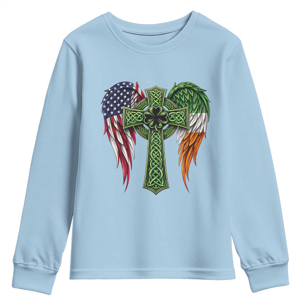 USA Flag Celtic Cross Irish American Youth Sweatshirt St Patricks Day Gift TS12 Light Blue Print Your Wear