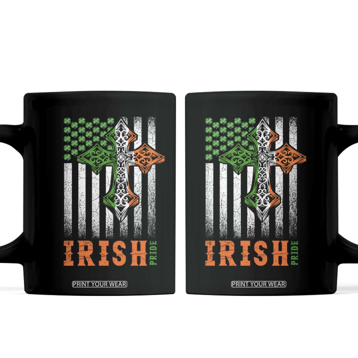 Irish American Pride Celtic Cross USA Flag Coffee Mug St Patricks Day Gift TS12 Black Print Your Wear