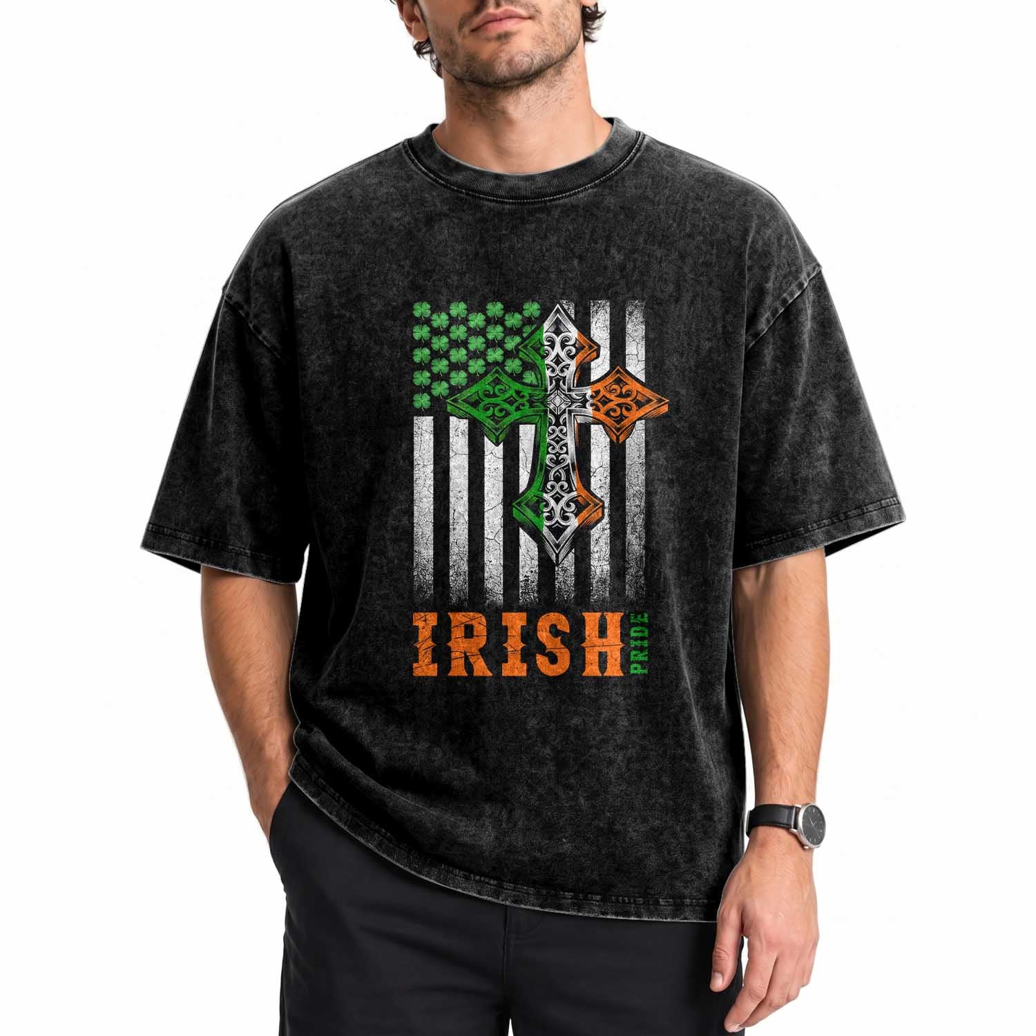 Irish American Pride Celtic Cross USA Flag Washed Cotton T-Shirt St Patricks Day Gift