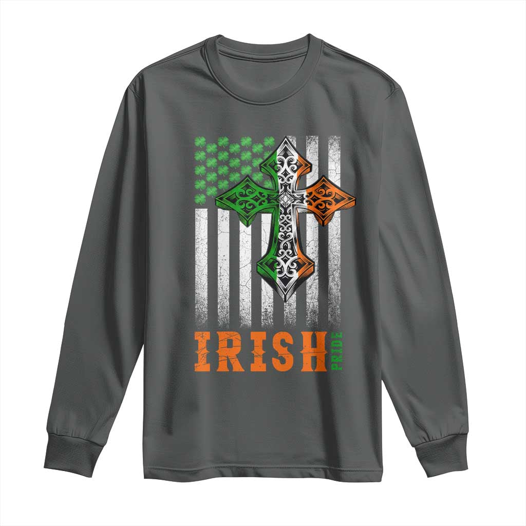 Irish American Pride Celtic Cross USA Flag Long Sleeve Shirt St Patricks Day Gift TS12 Dark Heather Print Your Wear