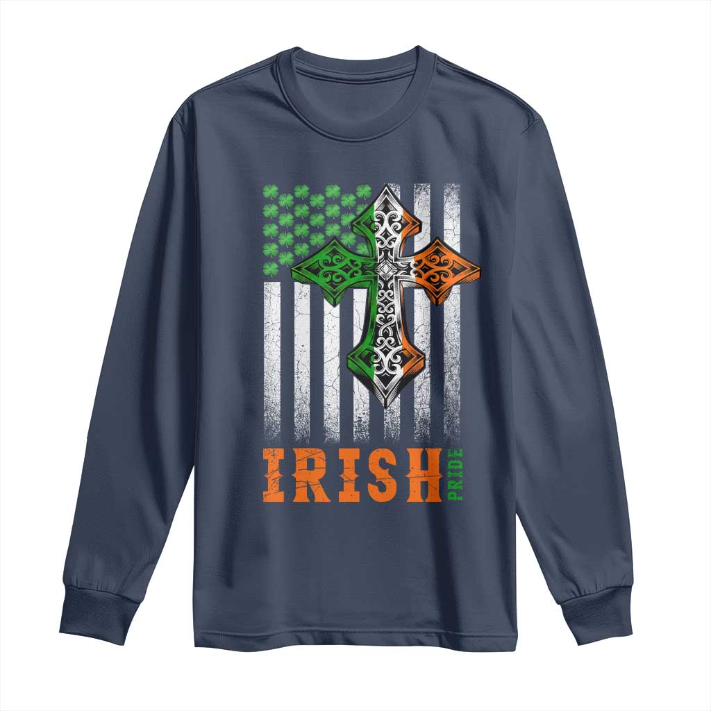Irish American Pride Celtic Cross USA Flag Long Sleeve Shirt St Patricks Day Gift TS12 Navy Print Your Wear
